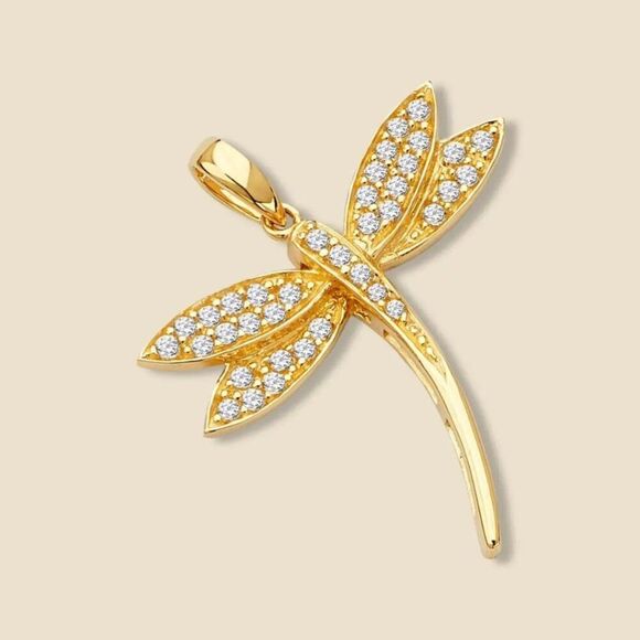 14K Solid Gold Dragonfly Pendant with Cubic Zirconia Accents - Picture 5 of 5
